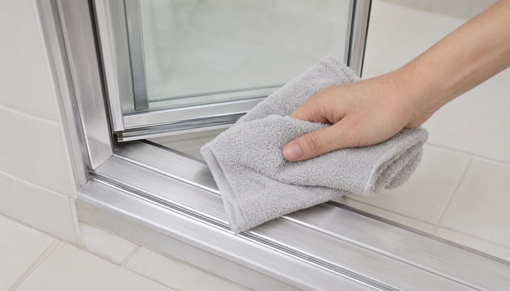 Hand drying a clean shower door track with a folded microfiber towel