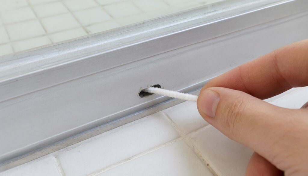 Thin pipe cleaner pushed into a small drain hole on the inside face of a shower door bottom track
