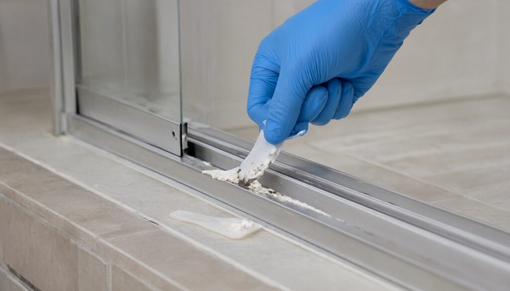 Gloved hand scraping old mildew-stained caulk out of a shower door track with a plastic scraper