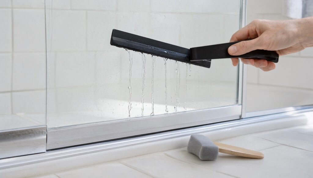 Squeegee wiping water off a glass shower door, with a small foam brush on the ledge nearby