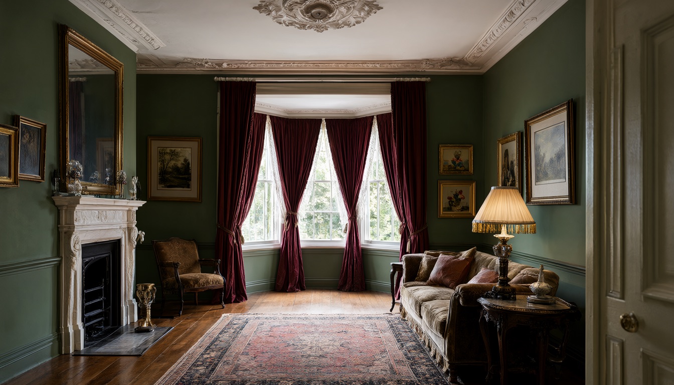 Victorian parlor with a plaster ceiling rose, deep green walls, a marble fireplace and a bay window with velvet curtains