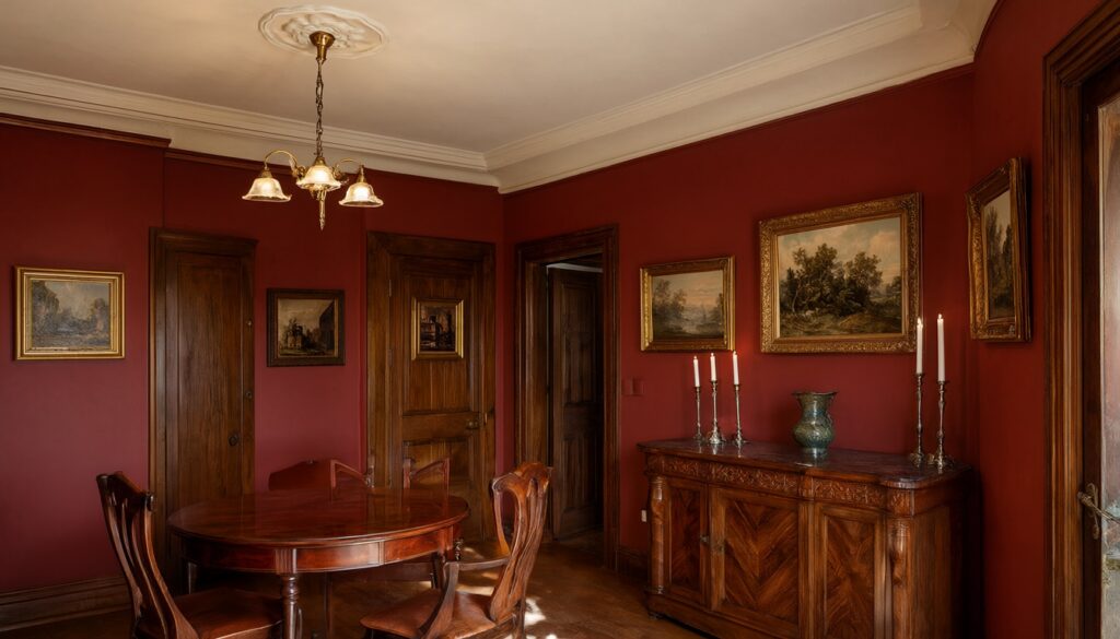 Victorian dining room with deep oxblood red walls, dark woodwork, a cream ceiling and a brass chandelier