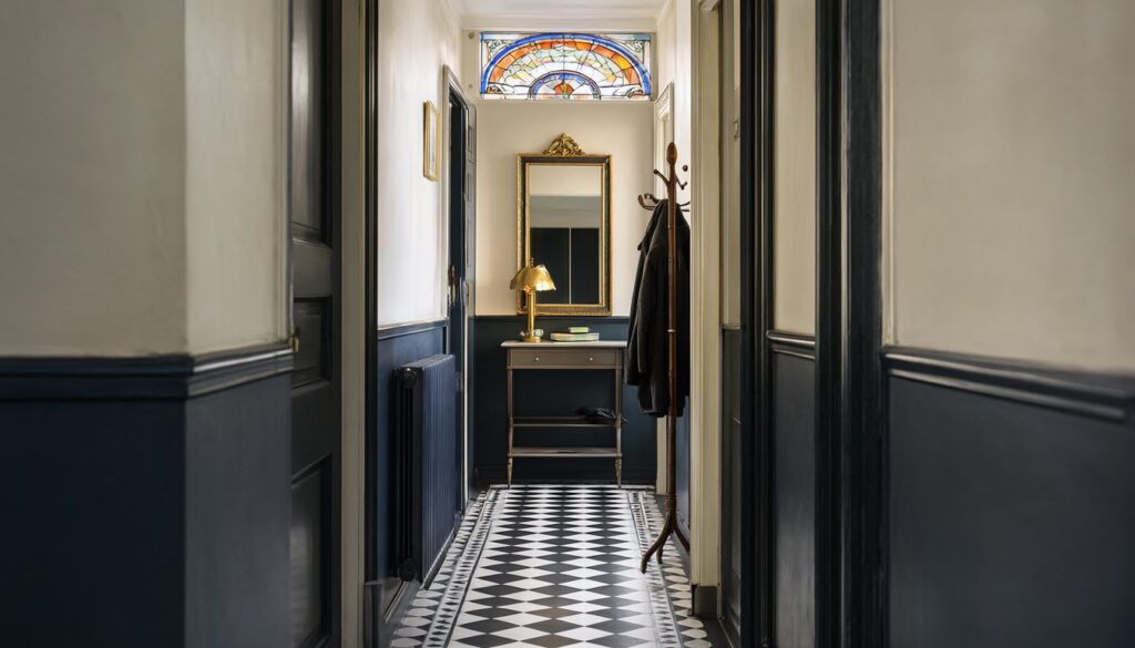 Victorian hallway with checkerboard tile, navy lower walls, a gilt mirror and a bentwood coat stand