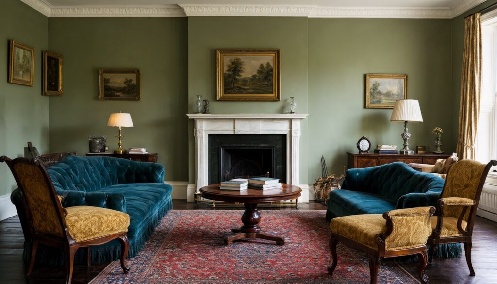 Victorian living room arranged around a marble fireplace with a teal tufted sofa and damask armchairs