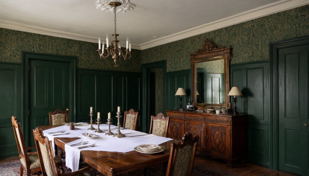 Victorian dining room with green wainscoting, a mahogany table and a chandelier under a plaster ceiling rose