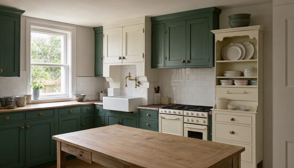 Victorian-style kitchen with deep green inset cabinets, a painted dresser, a farmhouse sink and a range stove