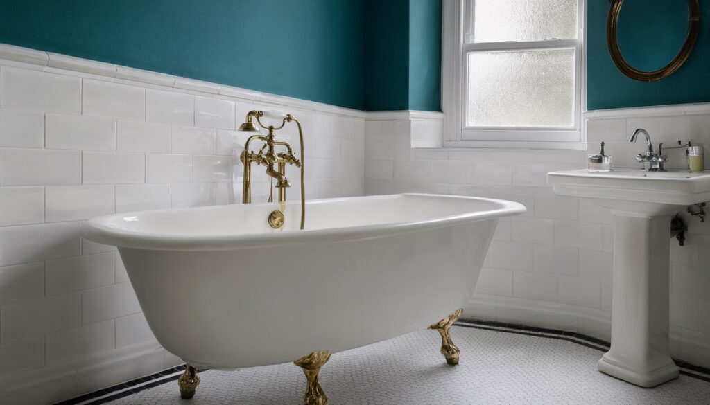 Victorian bathroom with a clawfoot tub, white hexagon floor tile, white tile wainscot and teal walls above