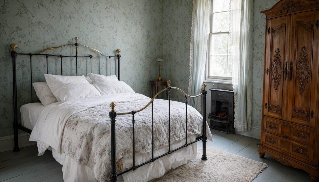 Victorian bedroom with a black and brass iron bed, blue-green floral wallpaper and a carved walnut wardrobe