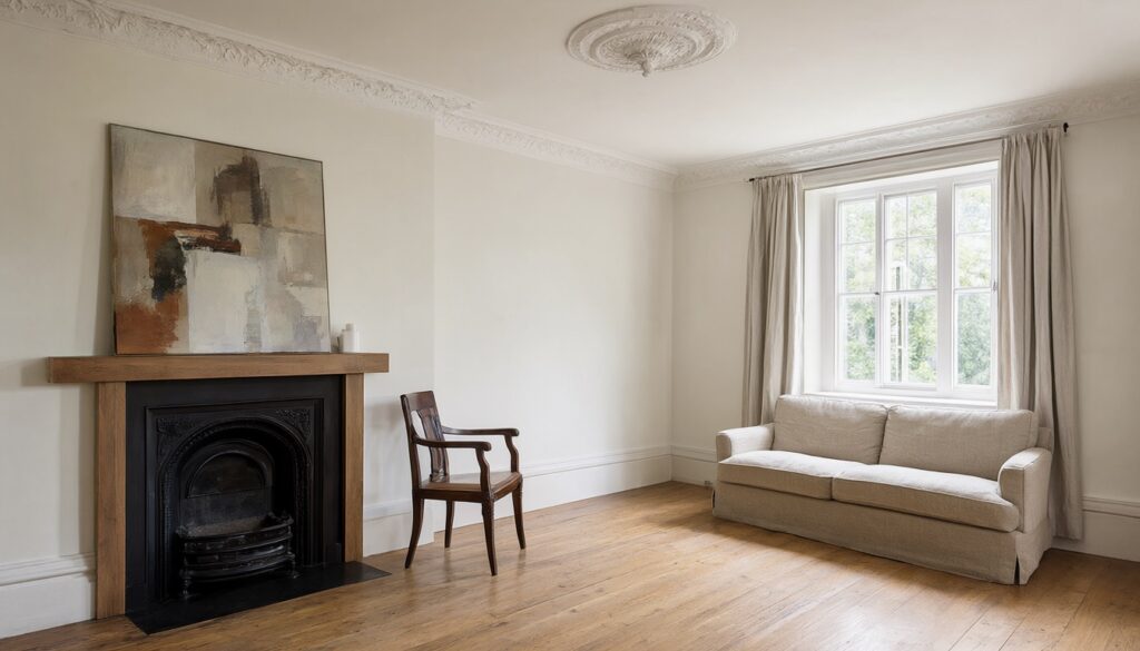 Modern Victorian living room with original cornice and fireplace, warm white walls and simple linen furniture