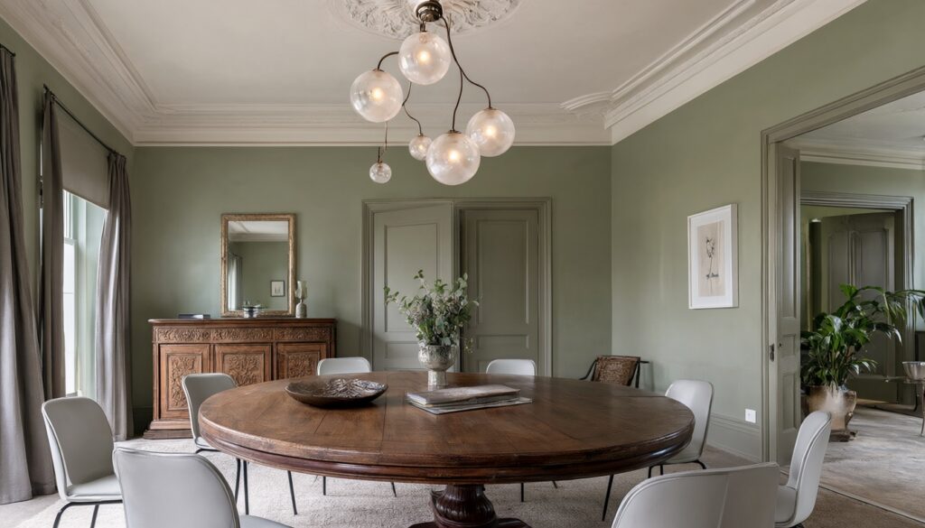 Antique mahogany dining table with modern molded chairs and globe pendant lights under a Victorian ceiling rose