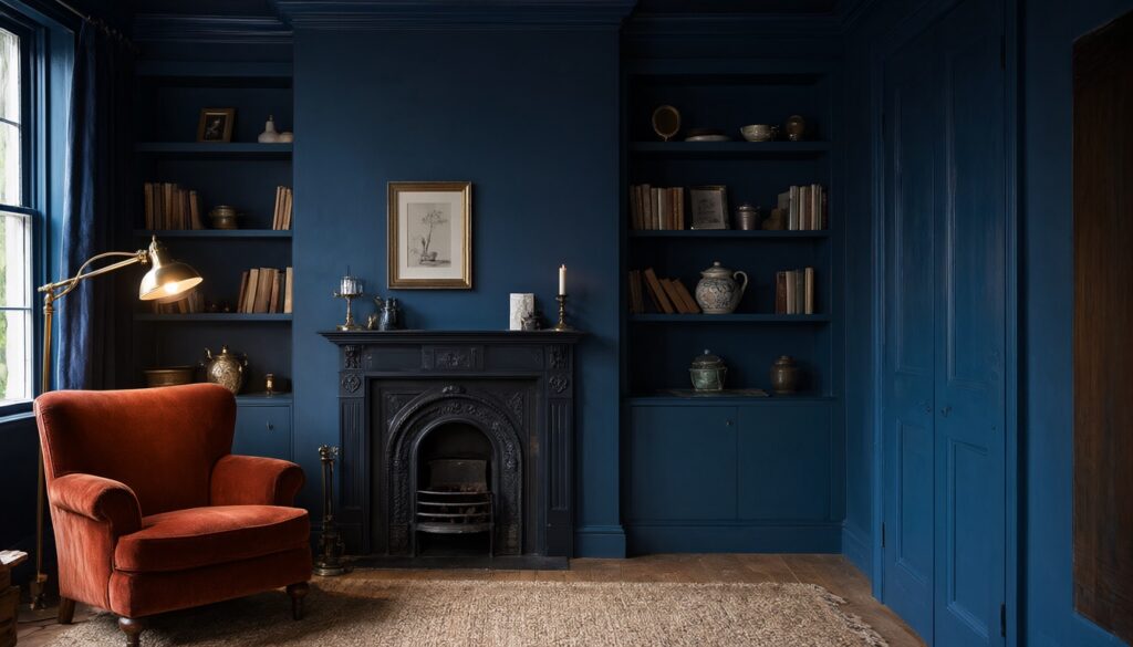 Victorian sitting room painted entirely in deep ink blue, walls to ceiling, with a rust velvet armchair and brass lamp
