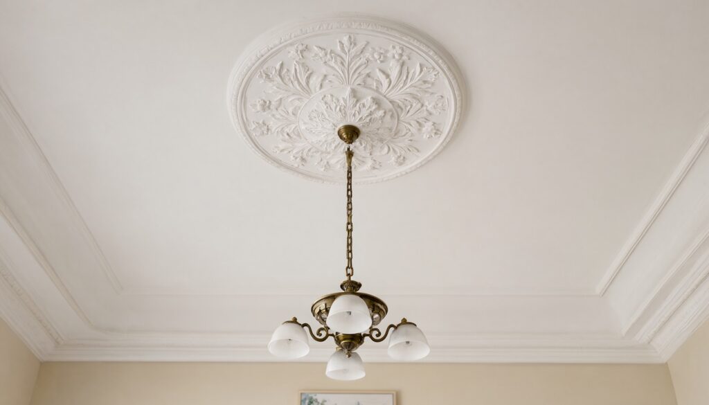 White plaster ceiling rose with leaf detail and deep crown molding on a high Victorian ceiling