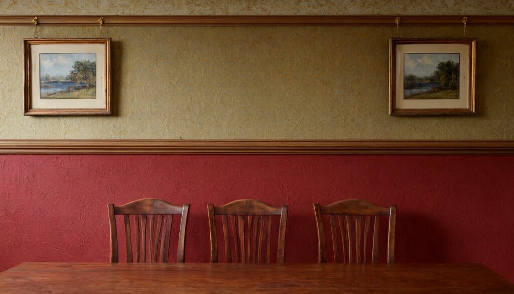 Victorian wall split by a dado rail and picture rail, with embossed paper below and patterned wallpaper above
