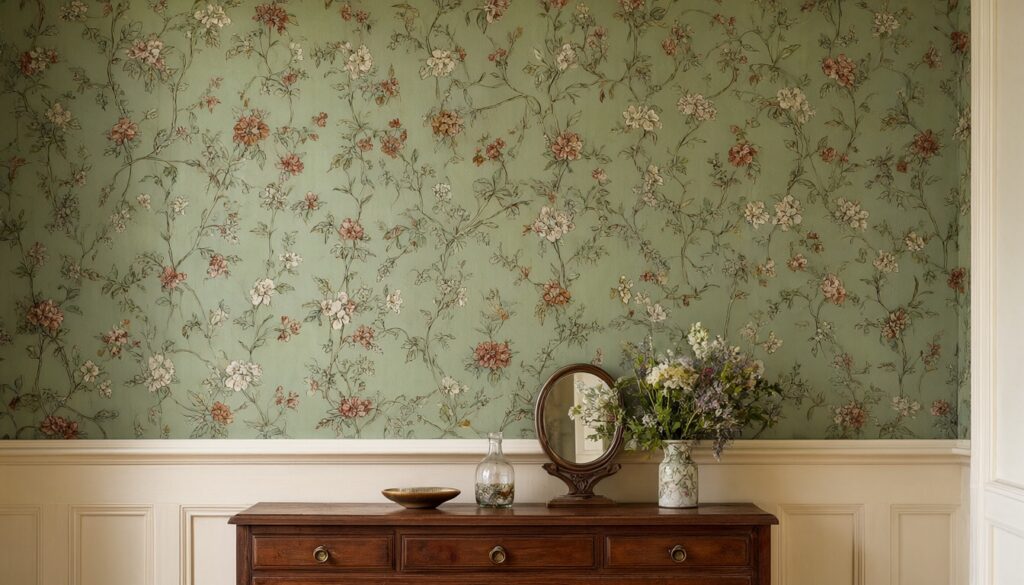 Trailing floral wallpaper in sage, rust and cream above a painted dado in a Victorian bedroom