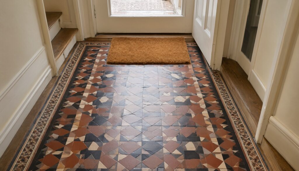 Victorian hallway floor of terracotta, black and cream geometric tiles with a patterned border