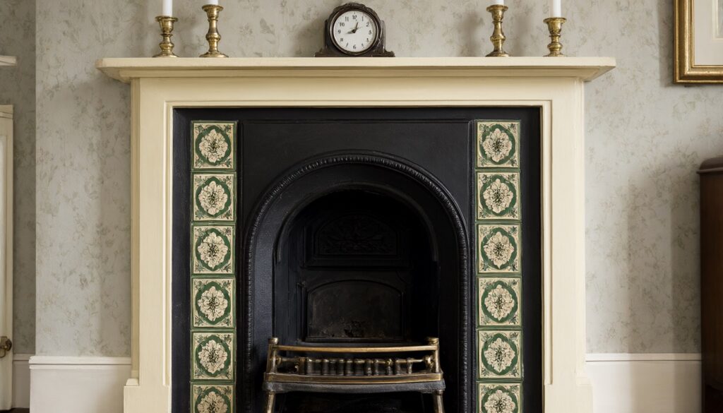 Small cast-iron Victorian fireplace with floral tile panels on each side and a painted wood mantel