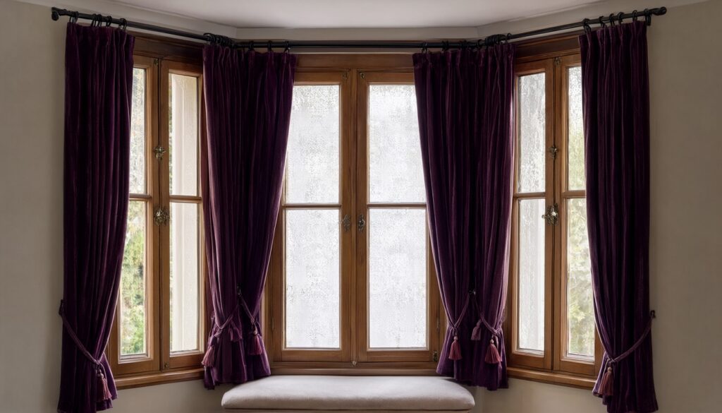 Victorian bay window with tall sash windows, lace panels and plum velvet curtains on a black iron pole