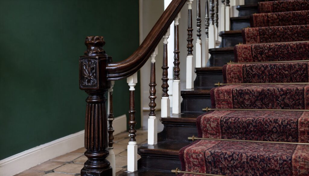 Victorian staircase with turned balusters, a carved newel post and a red and navy runner with brass rods