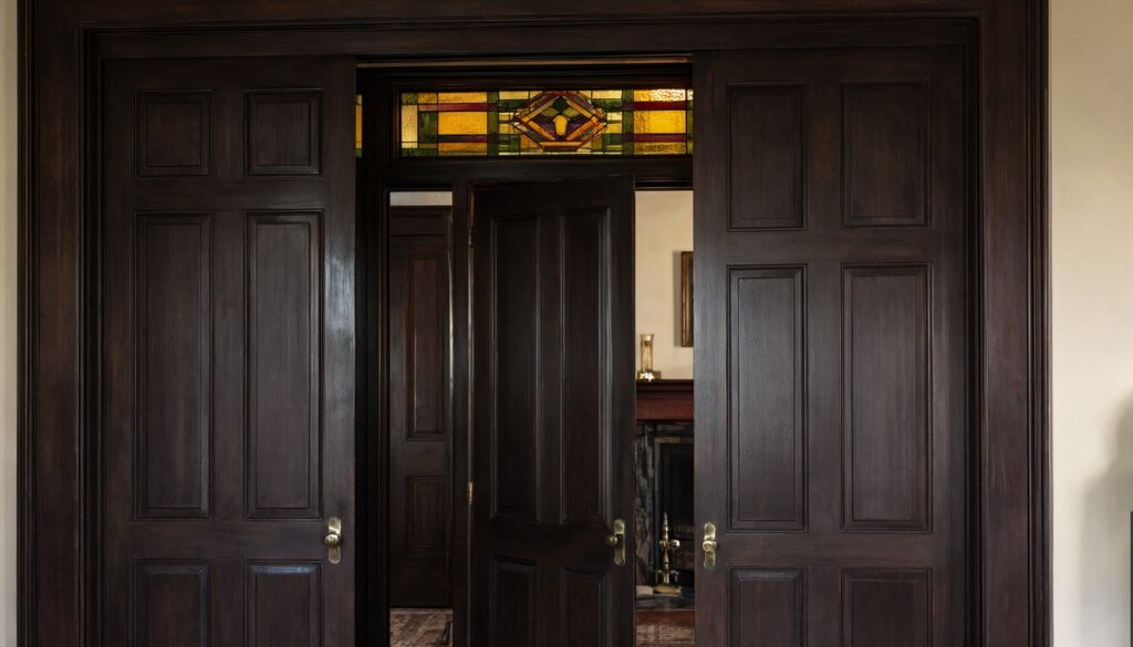 Tall dark-stained paneled doors between two Victorian parlors, with an amber and green stained-glass transom above